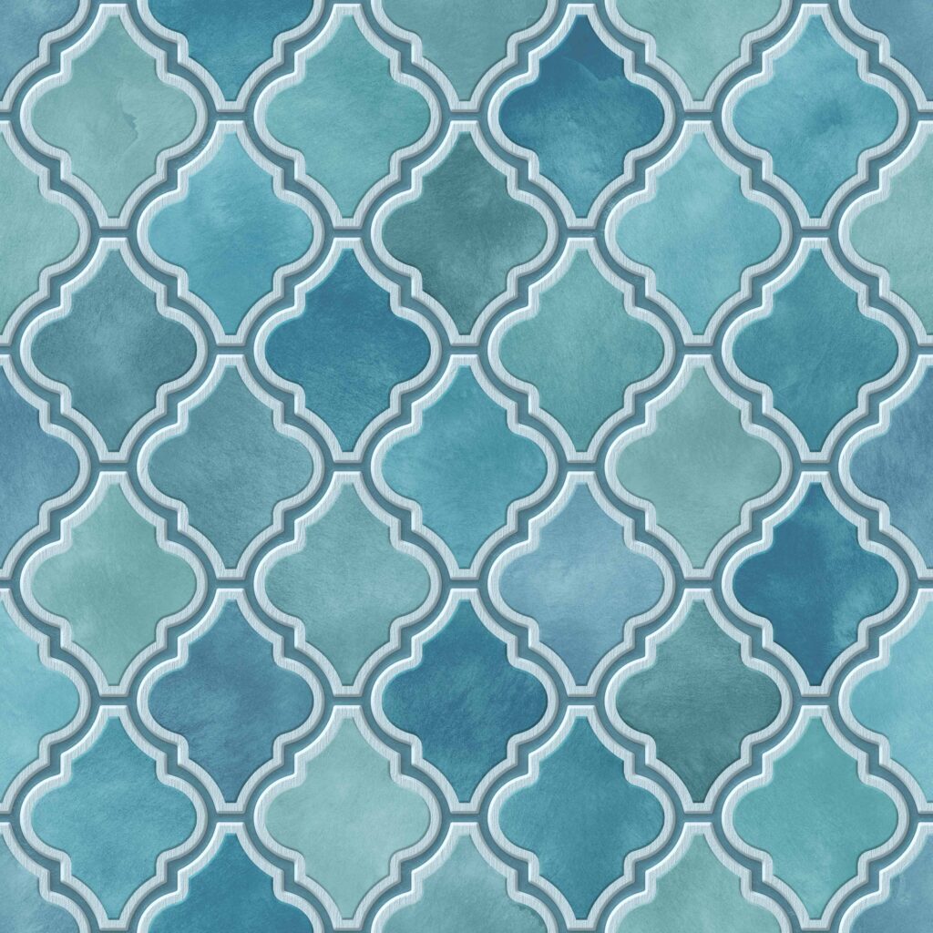 Moroccan pattern on grunge background, relief texture, turquoise colour, seamless texture, ceramic, 3d illustration